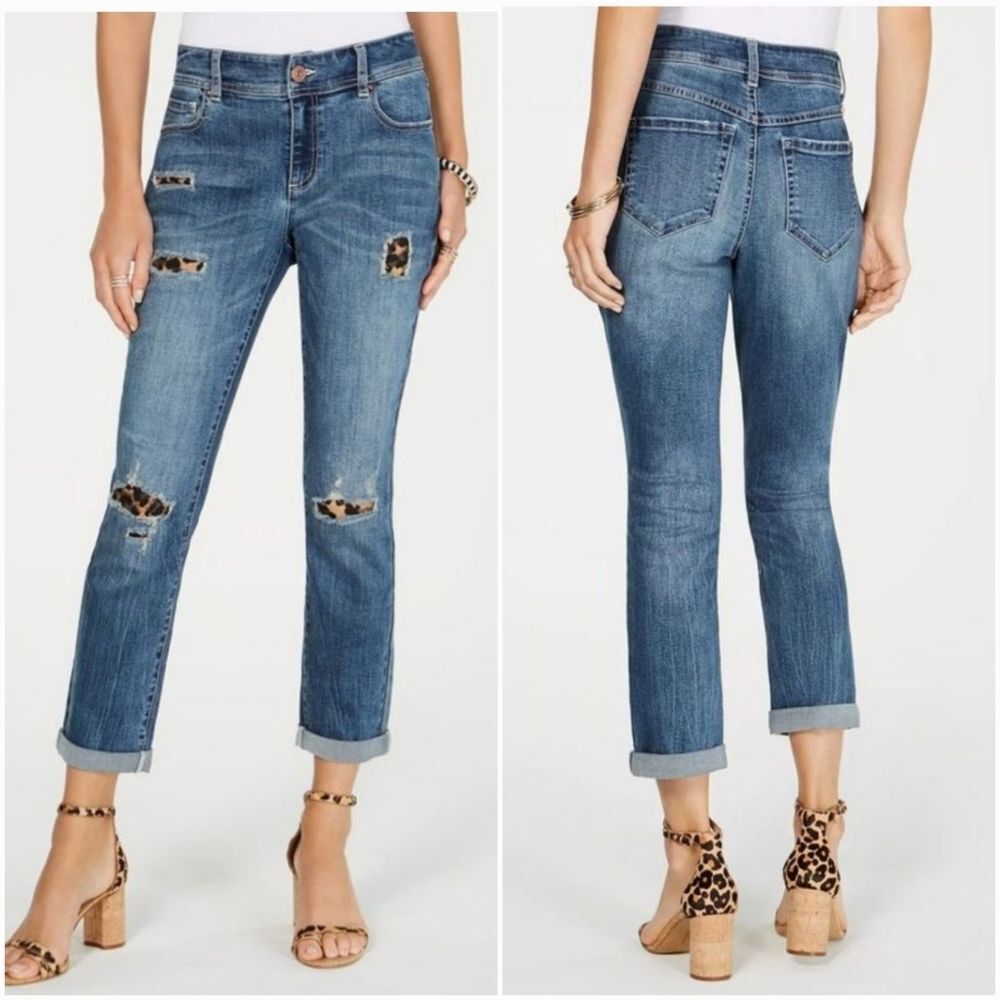💇‍♀️INC Blue Distressed Animal Print Boyfriend Jeans Size 18